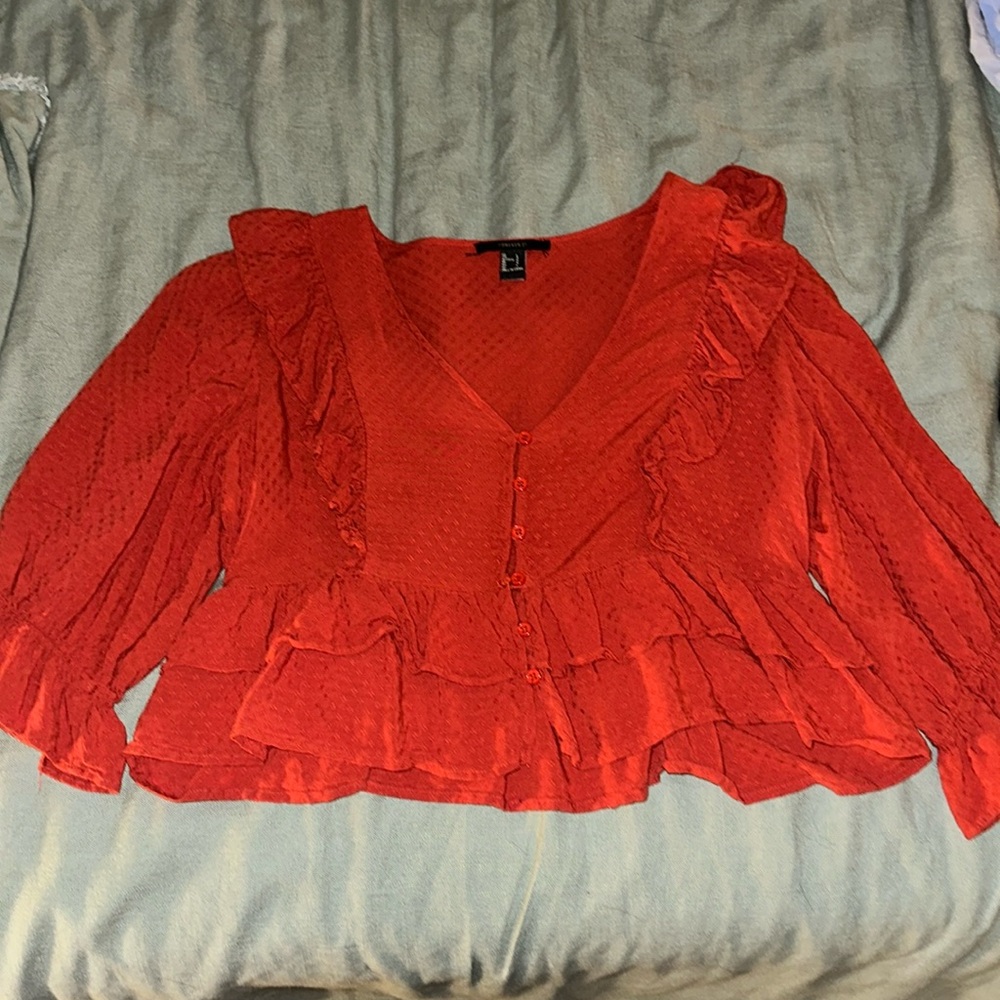 Red/burnt orange flowy, ruffled, cropped blouse